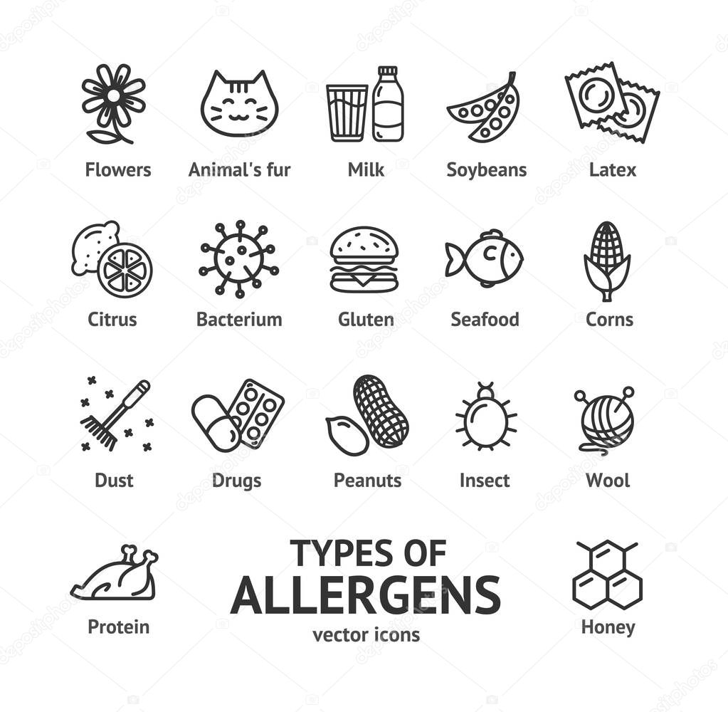 Allergens Signs Black Thin Line Icon Set. Vector