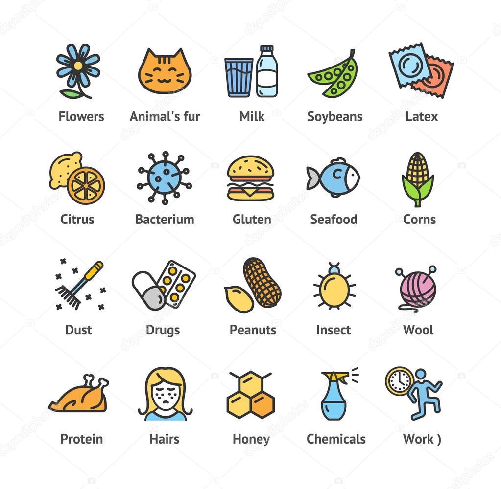 Allergens Signs Color Thin Line Icon Set. Vector