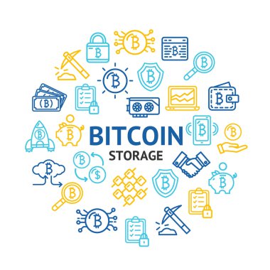 Bitcoin dijital para birimi yuvarlak tasarım şablonu satırı simgesi. Vektör