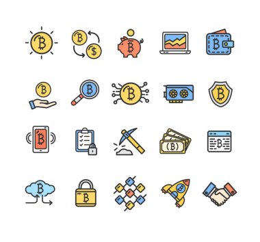 Bitcoin para birimi işaretleri renk ince çizgi Icon Set. Vektör