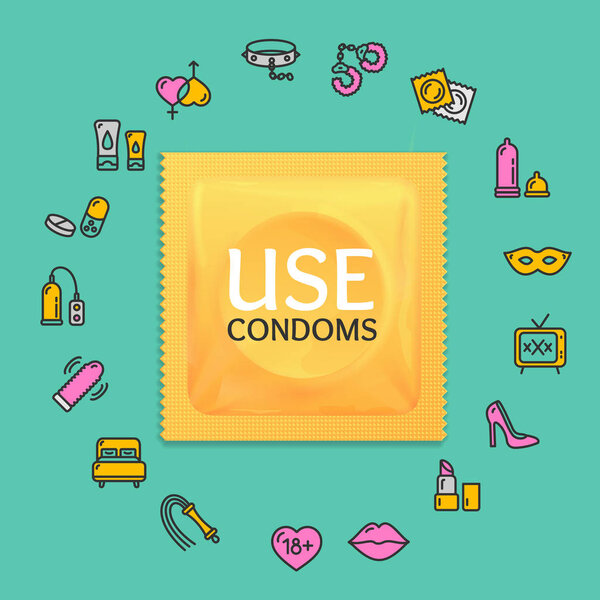 Realistic 3d Condoms Package Round Design Template Line Icon Concept. Vector