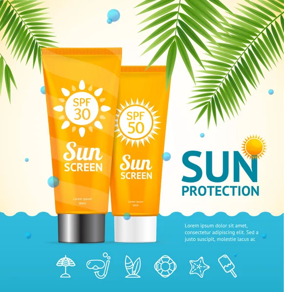 Realista 3d detalhada protetor solar Sun Protection Card. Vetor — Vetor de Stock