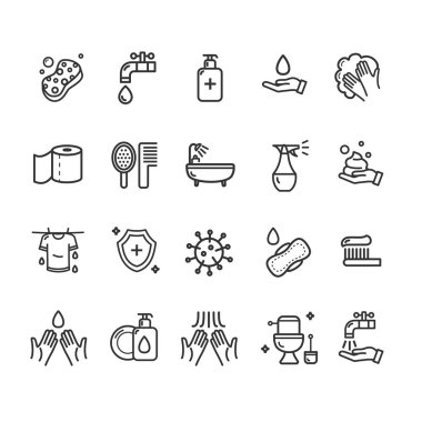 Hijyen işaretleri siyah ince çizgi Icon Set. Vektör