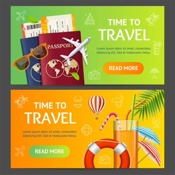 Summer Travel and Tourism Service Banner Horizontal Set (en inglés). Vector — Vector de stock