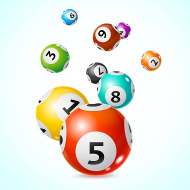 Gerçekçi detaylı 3d loto topu kavramı kartı arka plan. Vektör