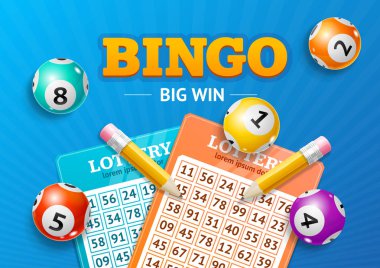 Gerçekçi detaylı 3d loto kavramı Bingo büyük kazan kartı arka plan. Vektör
