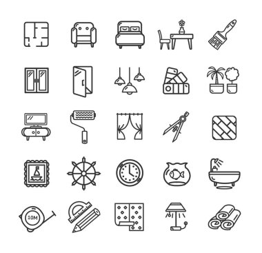 Ev dekor işaretleri siyah ince çizgi Icon Set. Vektör