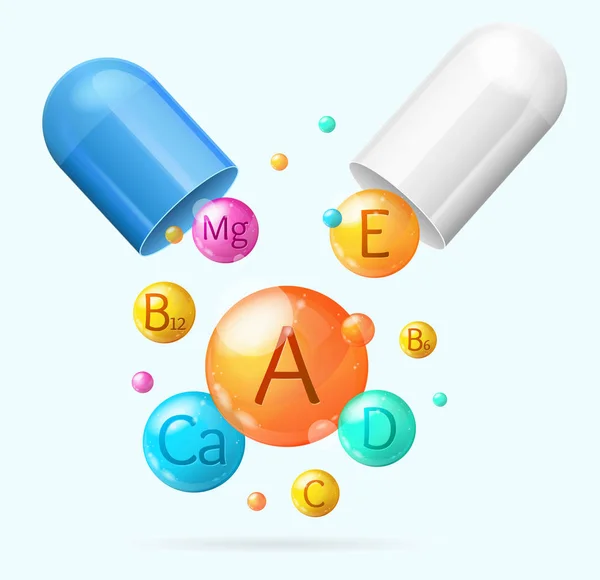 Ρεαλιστική λεπτομερείς 3d βιταμίνες και ανόργανα άλατα με χάπι κάρτα διάνυσμα φόντο — Διανυσματικό Αρχείο