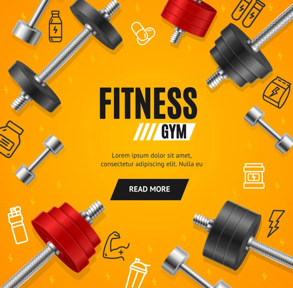 Fitness Gym Concept Banner Card con elementos detallados realistas 3d. Vector — Vector de stock