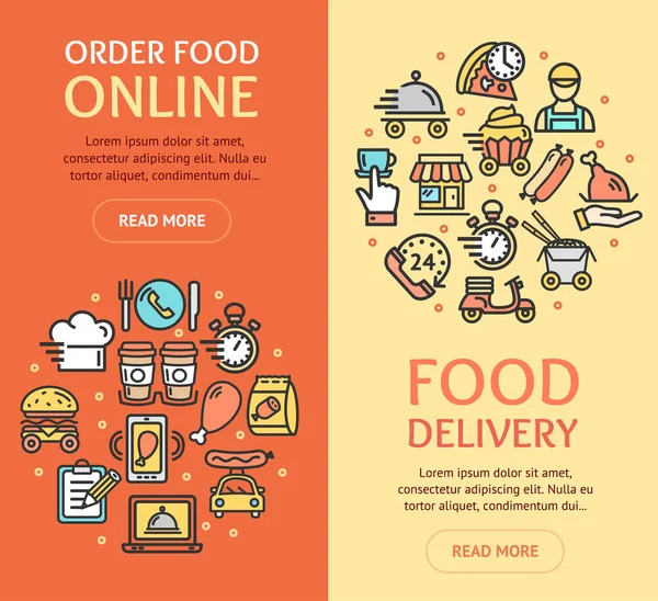 Food Delivery Service Banner Vecrtical Set med färg kontur ikoner. Vektor — Stock vektor