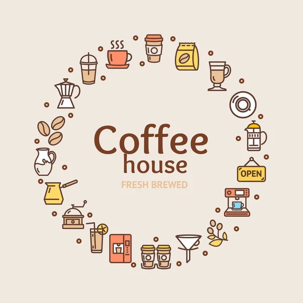 Coffee House Signs Round Design Template Thin Line Icon Concept. Vector — Stock Vector