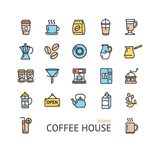Coffee House gebarentaal Color Thin Line Icon Set. Vector — Stockvector