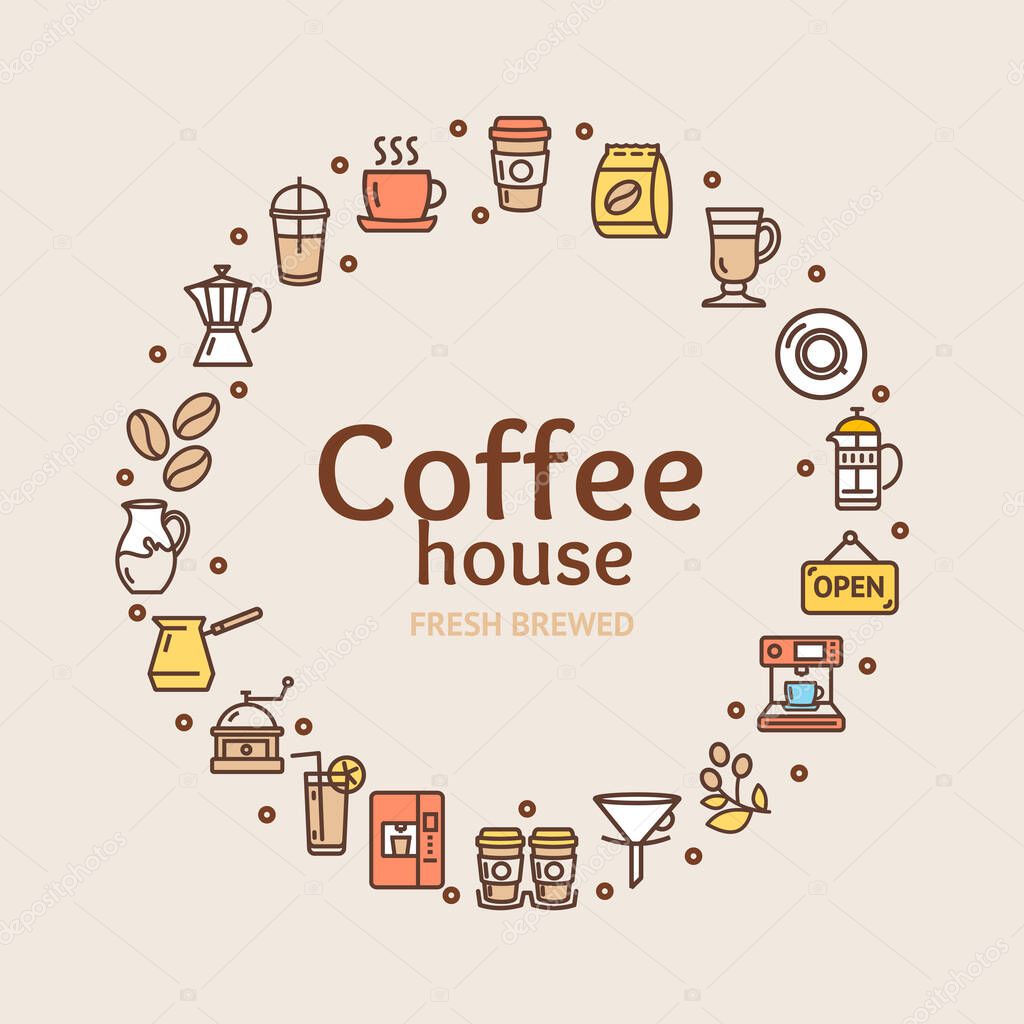 Coffee House Signs Round Design Template Thin Line Icon Concept. Vector