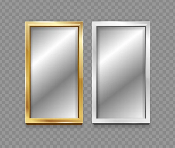Specchio realistico 3d dettagliato con Silver e Golden Frame Set. Vettore — Vettoriale Stock