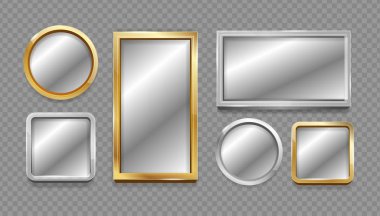 Gümüş ve Altın Çerçeve Seti ile Gerçekçi 3D Ayrıntılı Ayna. Vektör