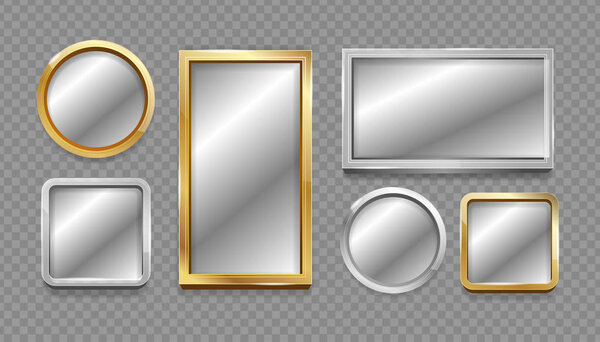 Realistic 3d Detailed Mirror with Silver and Golden Frame Set. Vector