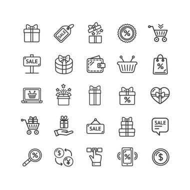 Satış tabelası siyah ince çizgi simgesi ayarlandı. Vektör