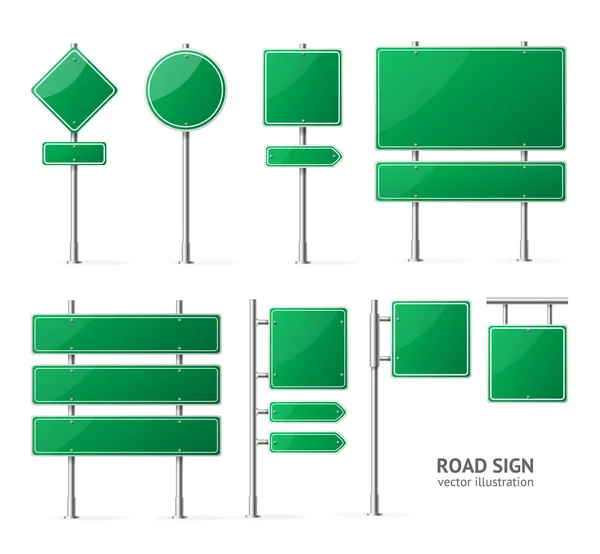 Realista detalhada 3d verde em branco modelo de sinal de estrada Mockup Set. Vetor — Vetor de Stock