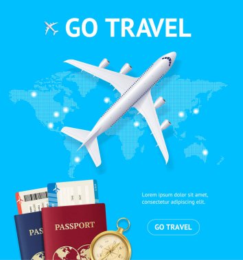 Gerçekçi 3D Detaylı Uçak ve Go Travel Concept Card. Vektör