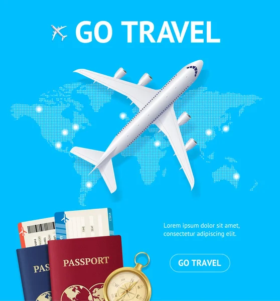 Realistické 3D podrobné letadlo a Go Travel Concept Card. Vektor — Stockový vektor