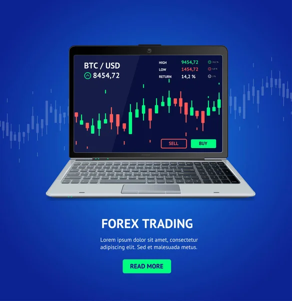 Forex Trading Banner met realistische gedetailleerde 3D Laptop. Vector — Stockvector