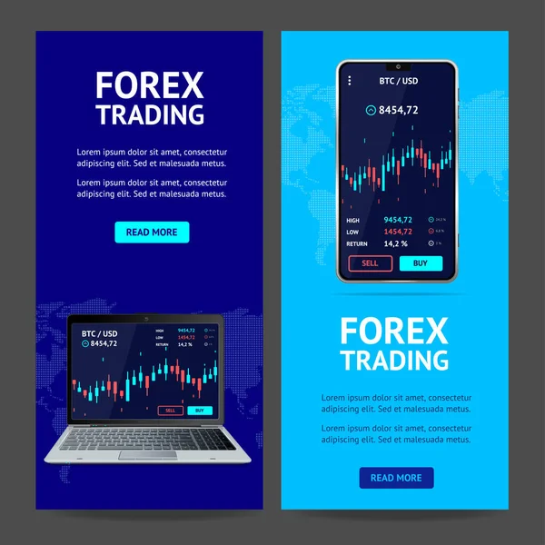 Forex Trading Banner Vertical Set s realistickým detailním 3D mobilním telefonem a laptopem. Vektor — Stockový vektor