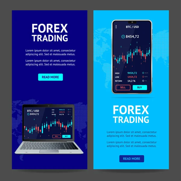 Forex Trading Banner Verticale Set met realistische gedetailleerde 3d mobiele telefoon en laptop. Vector — Stockvector