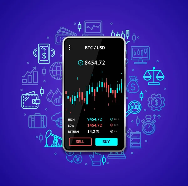 Investment Trading Mobile Concept met realistische gedetailleerde 3d Smartphone. Vector — Stockvector