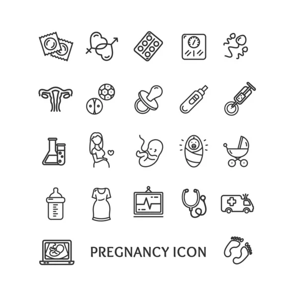 Těhotenský znak Černá tenká čára sada ikon. Vektor — Stockový vektor