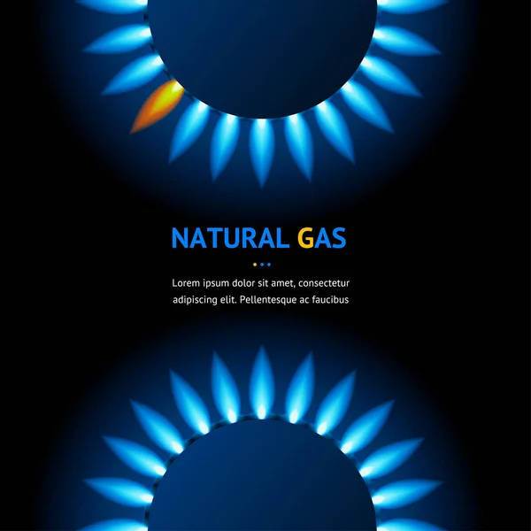 Realistico Dettagliato 3d Cucina Fiamma Gas Naturale con Bandiera Riflessioni Blu. Vettore — Vettoriale Stock