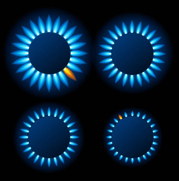 Realista detallada 3d Gas Natural Flame Kitchen con azul reflexiones conjunto. Vector — Archivo Imágenes Vectoriales