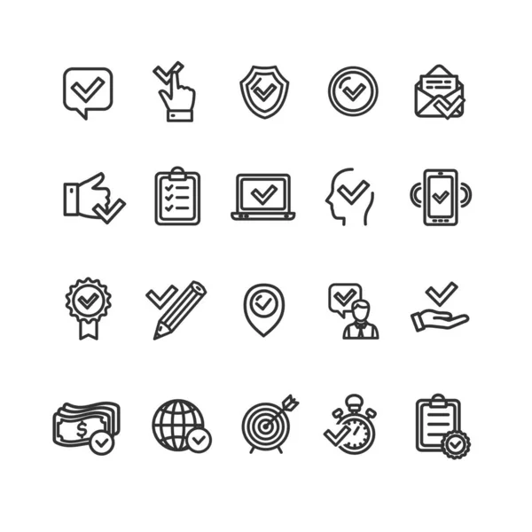 Aprobar Related Sign Conjunto de iconos de línea delgada negra. Vector — Vector de stock
