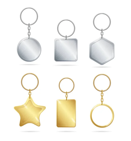 Realistic Detailed 3d Empty Template Shiny Golden and Silver Metal Keychains Set. Vector — Διανυσματικό Αρχείο