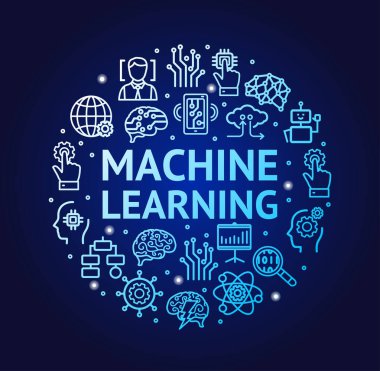 Makine Öğrenme İşaretleri Yuvarlak Tasarım Şablonu İnce Satır Simgesi Konsepti. Vektör