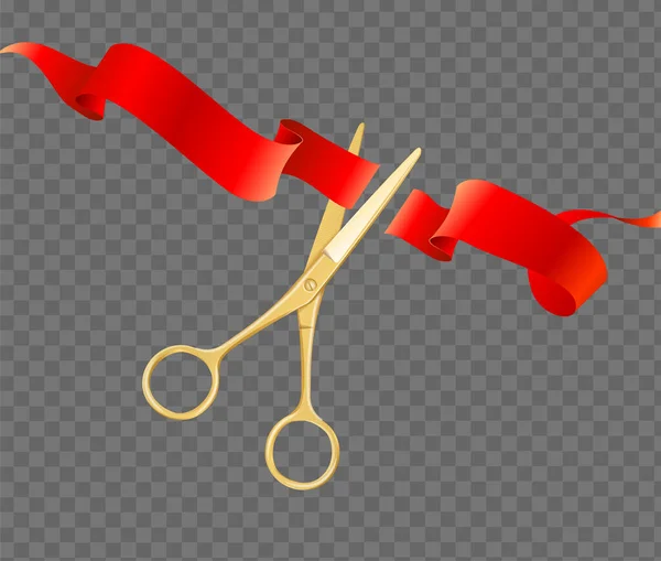 Ρεαλιστικό 3d Λεπτομερές Ψαλίδι Κόκκινη κορδέλα σε διαφανές φόντο. Διάνυσμα — Διανυσματικό Αρχείο