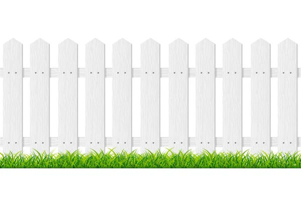 Valla de madera blanca 3d detallada realista con hierba verde. Vector — Vector de stock