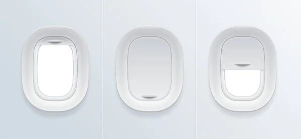 Realista detallado 3d en blanco Plantilla de ventana de avión conjunto de maquetas. Vector — Archivo Imágenes Vectoriales