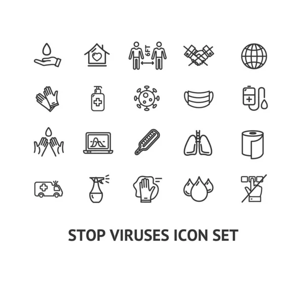 Viruse Stop Sign Black Thin Line Icon Set. Vector — Stockvector