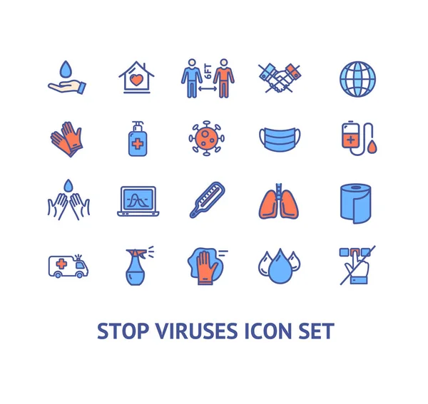 Conjunto de iconos Viruse Stop Sign Color Thin Line. Vector — Archivo Imágenes Vectoriales