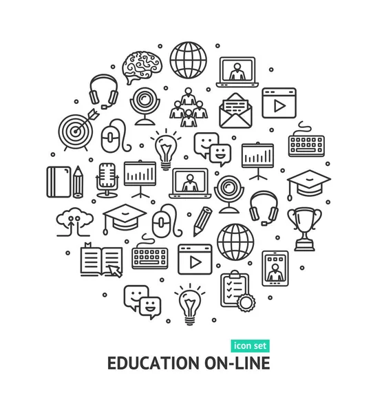 Educação Online Round Design Template Thin Line Icon Concept. Vetor —  Vetores de Stock