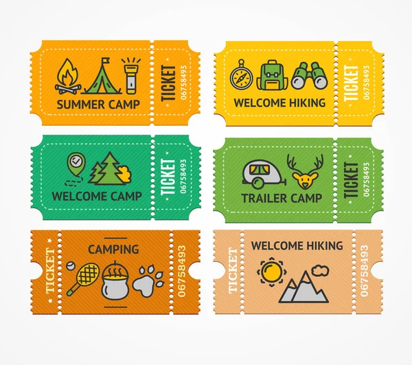 Cartoon Color Camping Ticket und Thin Line Icon Set. Vektor — Stockvektor