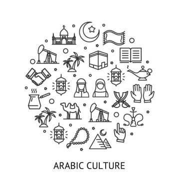 Arap İslami İşaret Yuvarlak Tasarım Kara İnce Çizgi Simgesi Afişi. Vektör