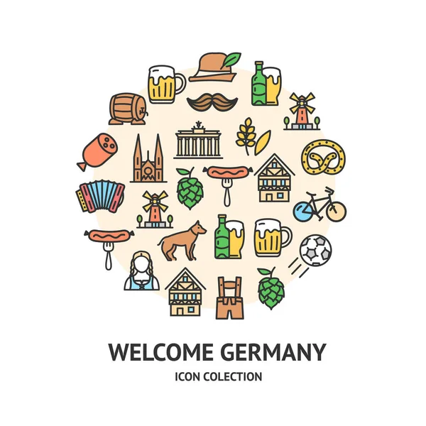 Bienvenue Allemagne Round Design Template Black Thin Line Icon Banner. Vecteur — Image vectorielle