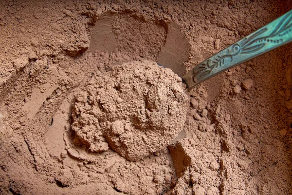 Cacao Polvere Cucchiaio Fondo Cacao Polvere Primo Piano — Foto Stock