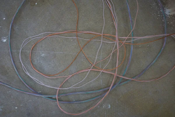 Cables Alimentación Cable Lío Enredado Lugar Trabajo Del Piso Cable — Foto de Stock