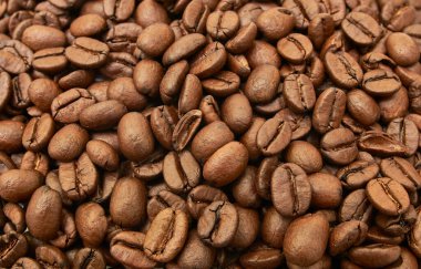 Arka planda kavrulmuş kahve çekirdekleri. Boşluğu kopyala