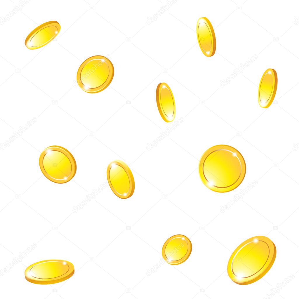 Coins golden falling vector illustration, falling money, flying gold coins, isolated on white background