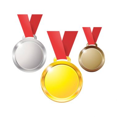 Gümüş bronz bakır beyaz arka plan üzerinde izole kırmızı şerit altın madalya