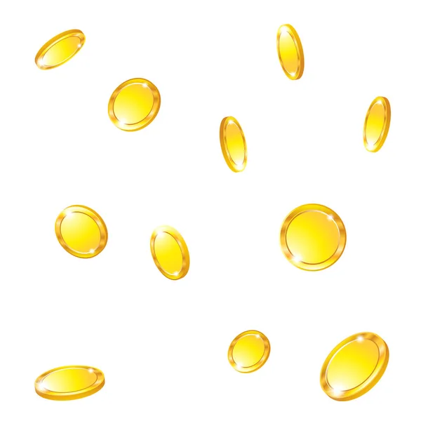 Moedas de ouro caindo 3d ícone de moeda vetorial realista com sombras isoladas em fundos brancos — Vetor de Stock