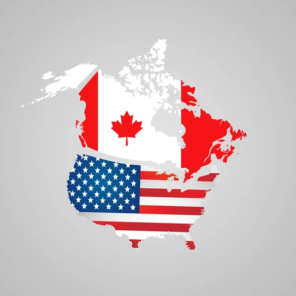 País de América del Norte con punteros de mapa. Canadá, Estados Unidos mapa, banderas — Vector de stock